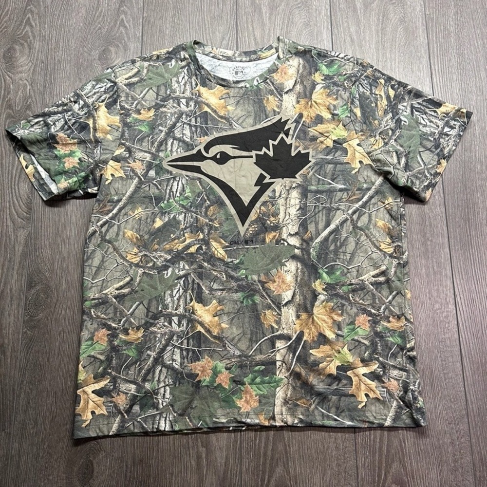 Toronto Blue Jays MLB Mens Large Real Tree Camo T-Shirt All Over Print Logo Tee